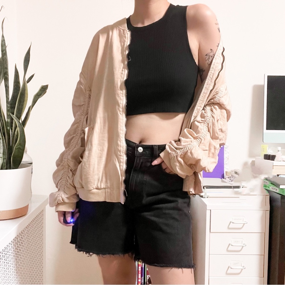 Free People Light Blush Pink Ruched Linen Bomber Zip Up Jacket - Picture 3 of 5